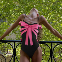 Girly Bow Trim Contrast Cheeky Sweetheart Cami Brazilian One Piece Swimsuit