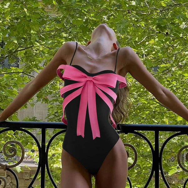 Girly Bow Trim Contrast Cheeky Sweetheart Cami Brazilian One Piece Swimsuit