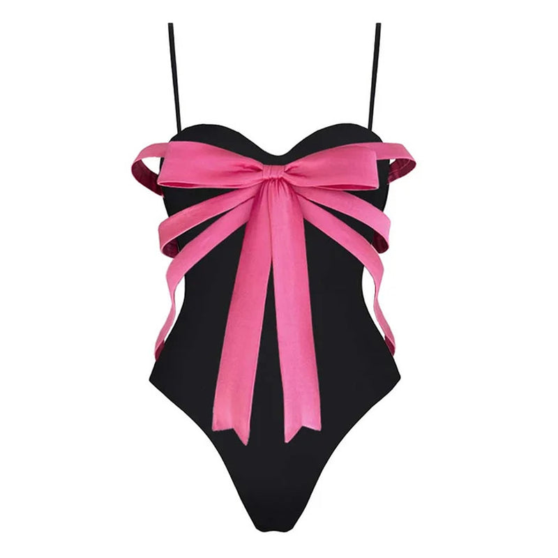 Girly Bow Trim Contrast Cheeky Sweetheart Cami Brazilian One Piece Swimsuit