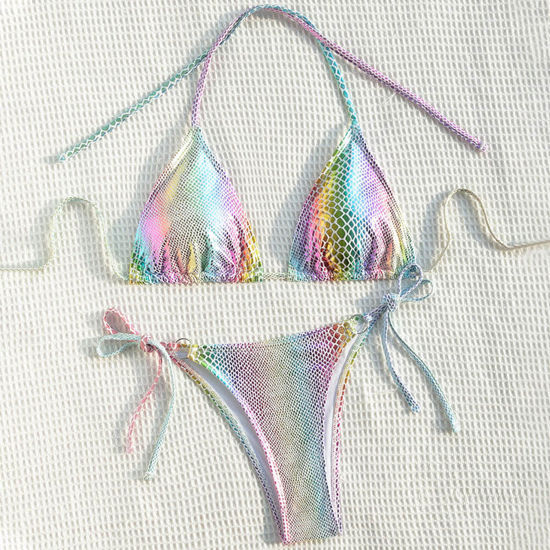 Iridescent Metallic Printed Tie Side Triangle Brazilian Two Piece Bikini Swimsuit