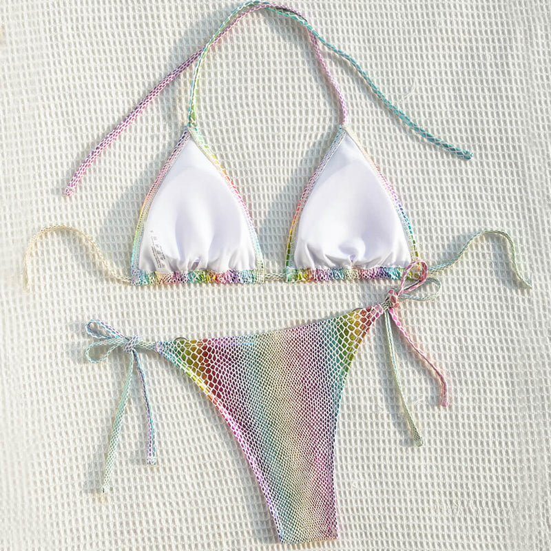 Iridescent Metallic Printed Tie Side Triangle Brazilian Two Piece Bikini Swimsuit