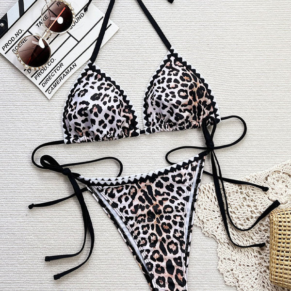 Leopard Tie Side Cheeky Whipstitch Triangle Brazilian Two Piece Bikini Swimsuit