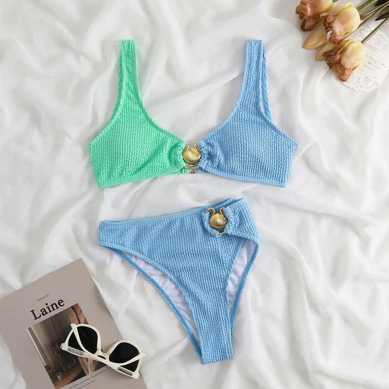 Luxury Seashell Ring High Cut Crop Shirred Brazilian Two Piece Bikini Swimsuit