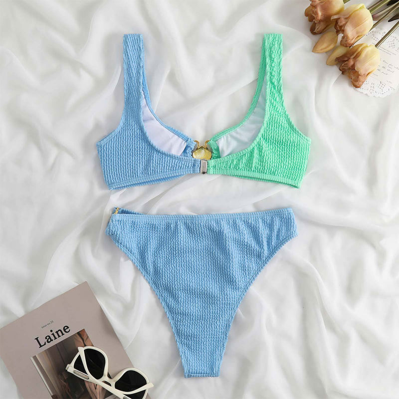 Luxury Seashell Ring High Cut Crop Shirred Brazilian Two Piece Bikini Swimsuit