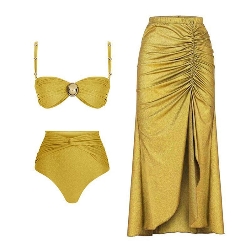 Metallic Accent High Waist Ruched Bandeau Brazilian Two Piece Bikini Swimsuit