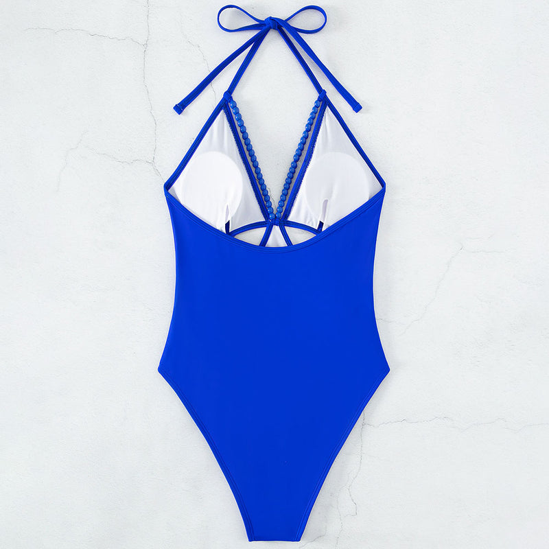 Nautical Peek A Boob Cutout Beaded Halter Brazilian One Piece Swimsuit Brazilian Bikini Swimsuits