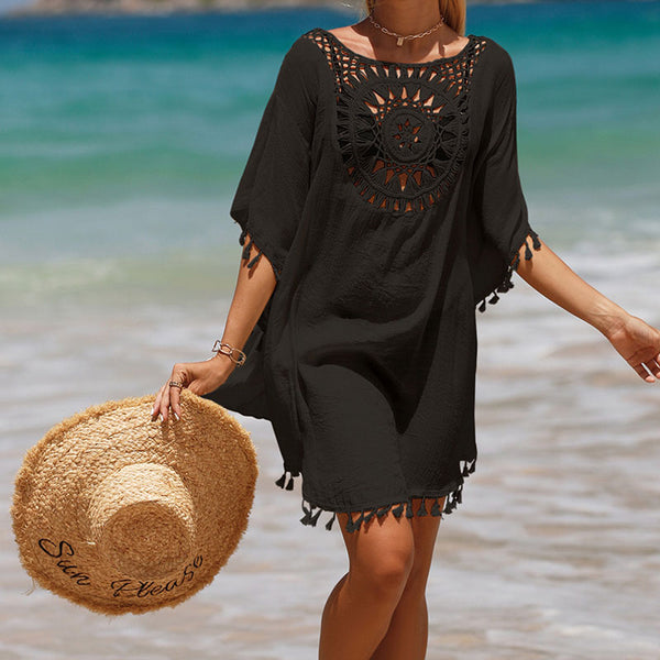 Oversized Tasseled Sleeved Keyhole Crochet Brazilian Mini Beach Cover Up