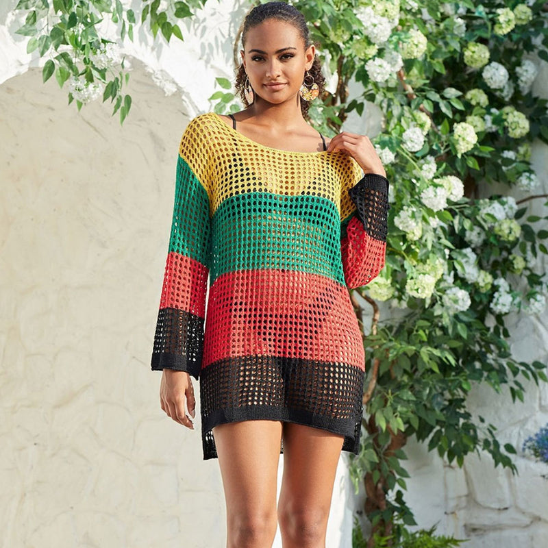 Playful Color Block Long Sleeve Crochet Knit Brazilian High Low Cover Up Dress