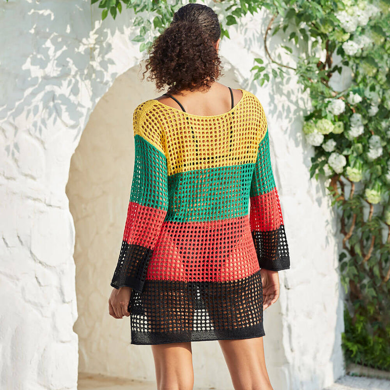 Playful Color Block Long Sleeve Crochet Knit Brazilian High Low Cover Up Dress