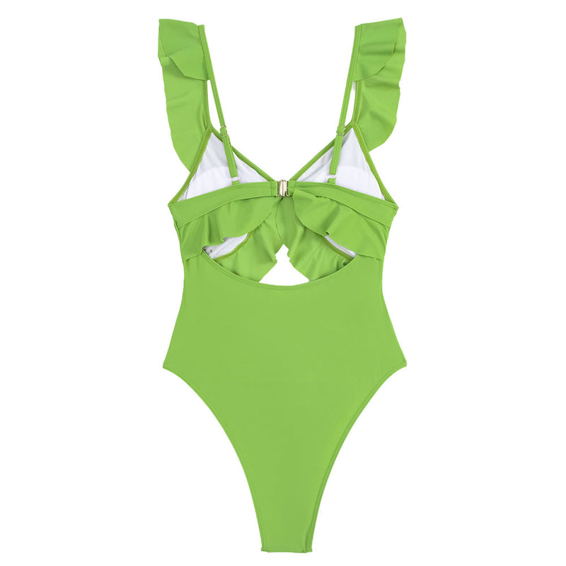 Playful Moderate High Leg Ruffle Cutout Tie Front Brazilian One Piece Swimsuit