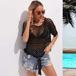 Relaxed Short Sleeve Drawstring Open Knit Crochet Brazilian Beach Cover Up Top