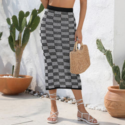 Retro Color Block Checked High Waist Crochet Brazilian Beach Cover Up Skirt