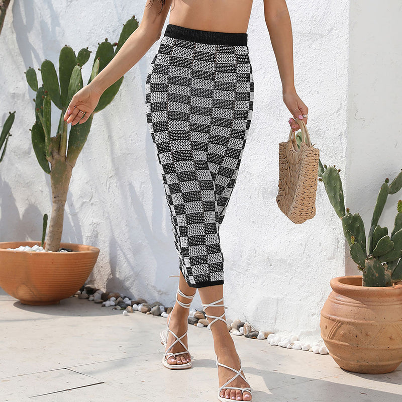 Retro Color Block Checked High Waist Crochet Brazilian Beach Cover Up Skirt