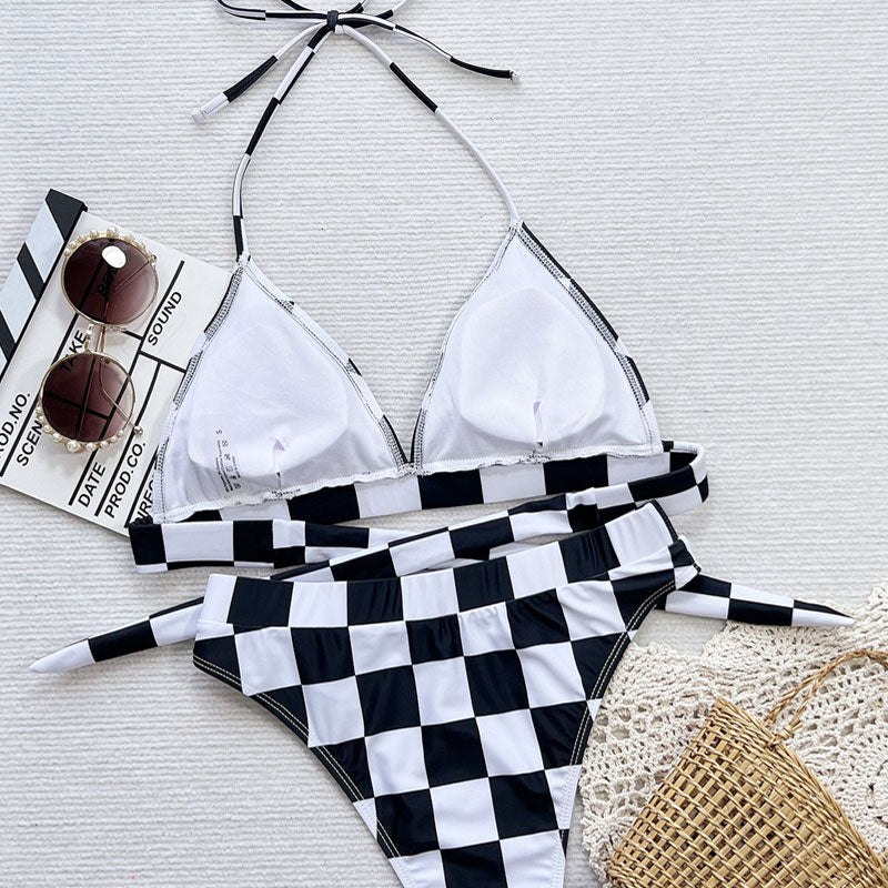 Retro Gingham High Leg Banded Triangle Halter Brazilian Two Piece Bikini Swimsuit