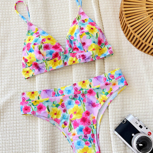 Romantic Floral High Waist Banded Triangle Brazilian Two Piece Bikini Swimsuit