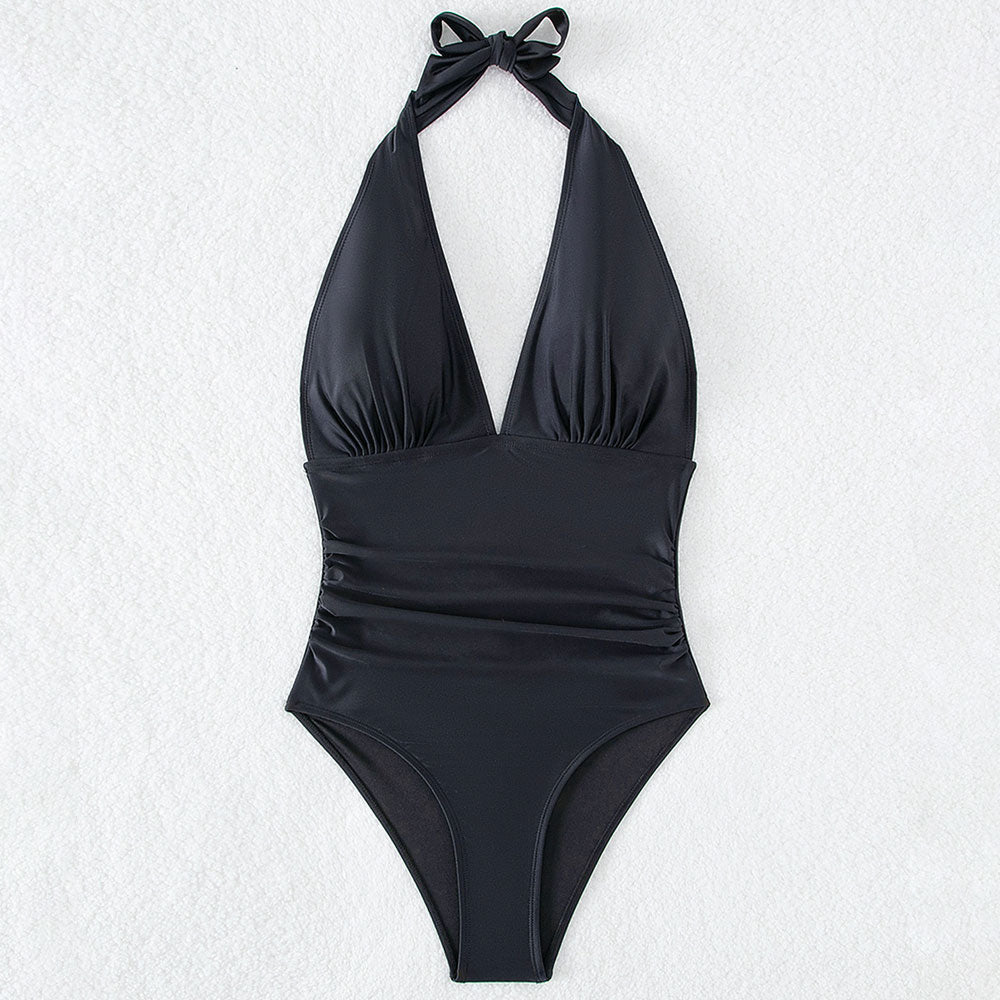 Sexy All Black Cheeky Ruched Side Deep V Halter Brazilian One Piece Sw Brazilian Swim Shop 3788