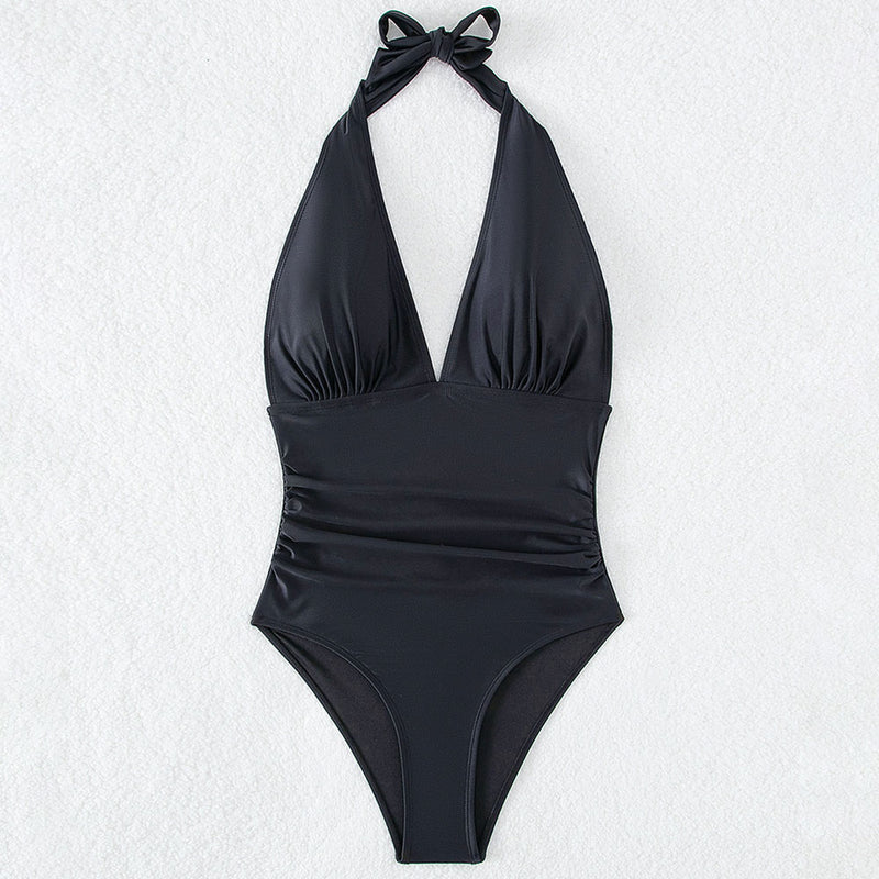 Sexy All Black Cheeky Ruched Side Deep V Halter Brazilian One Piece Swimsuit