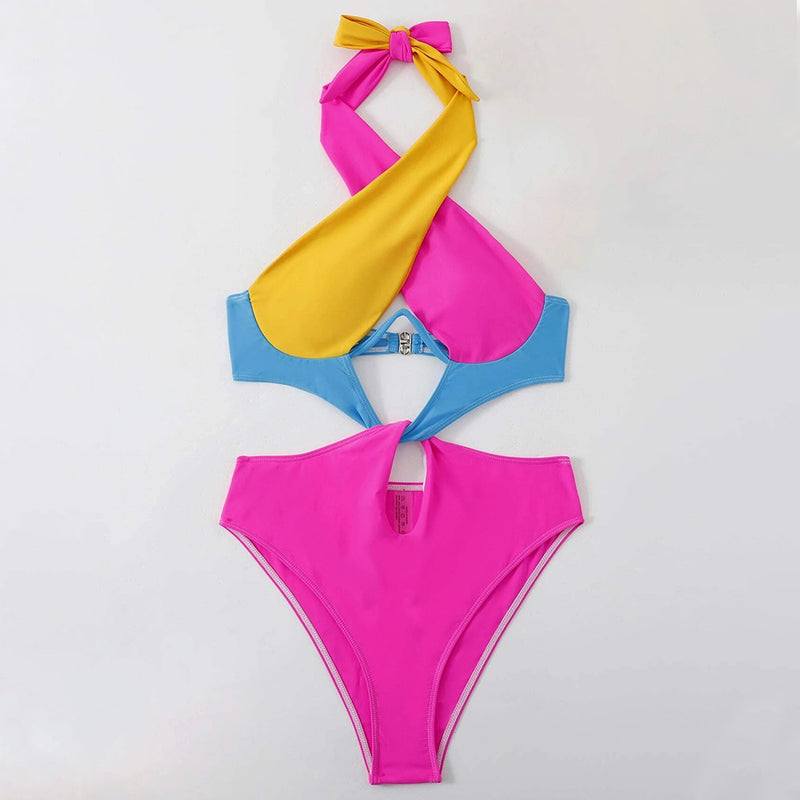 Sexy Color Block Twist Cut Out Underwire Monokini Brazilian One Piece Swimsuit