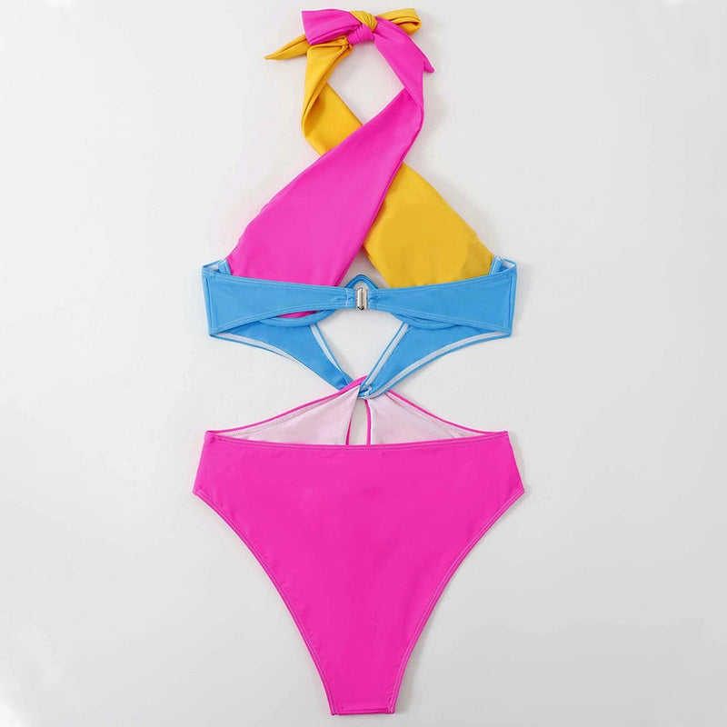 Sexy Color Block Twist Cut Out Underwire Monokini Brazilian One Piece Swimsuit