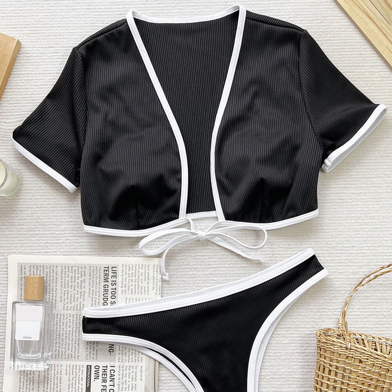 Sexy Contrast High Leg Short Sleeve Tie Front Brazilian Two Piece Bikini Swimsuit