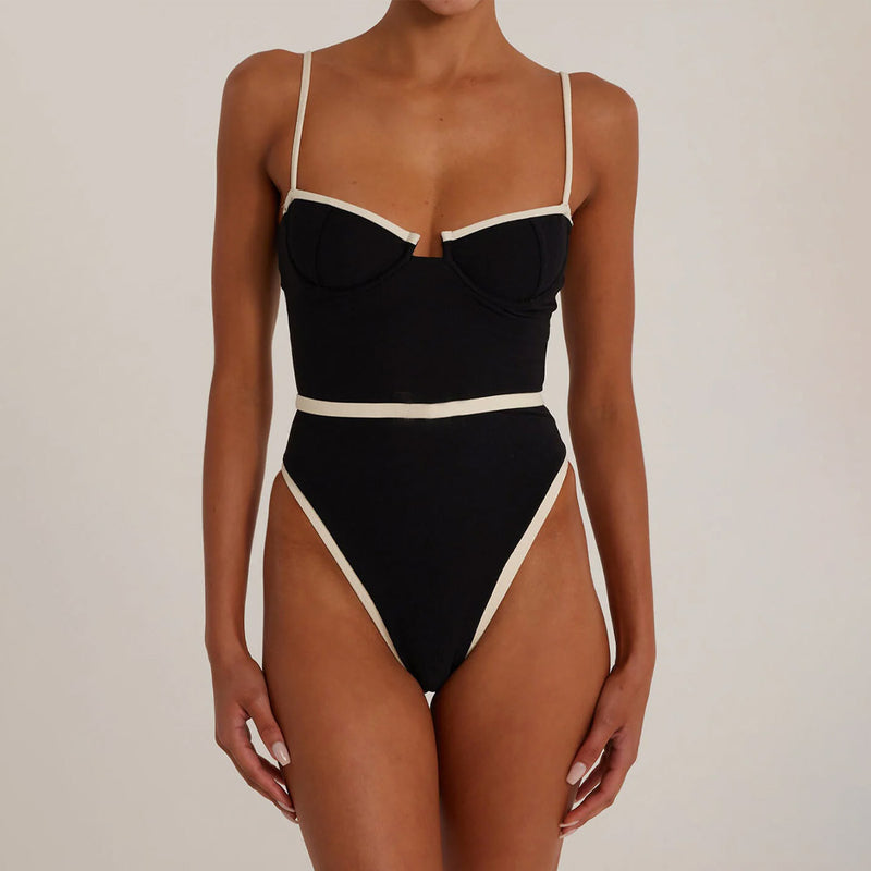 Sexy Contrast Trim High Leg Cheeky Balconette Brazilian One Piece Swimsuit