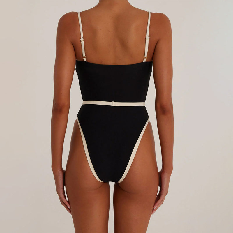 Sexy Contrast Trim High Leg Cheeky Balconette Brazilian One Piece Swimsuit