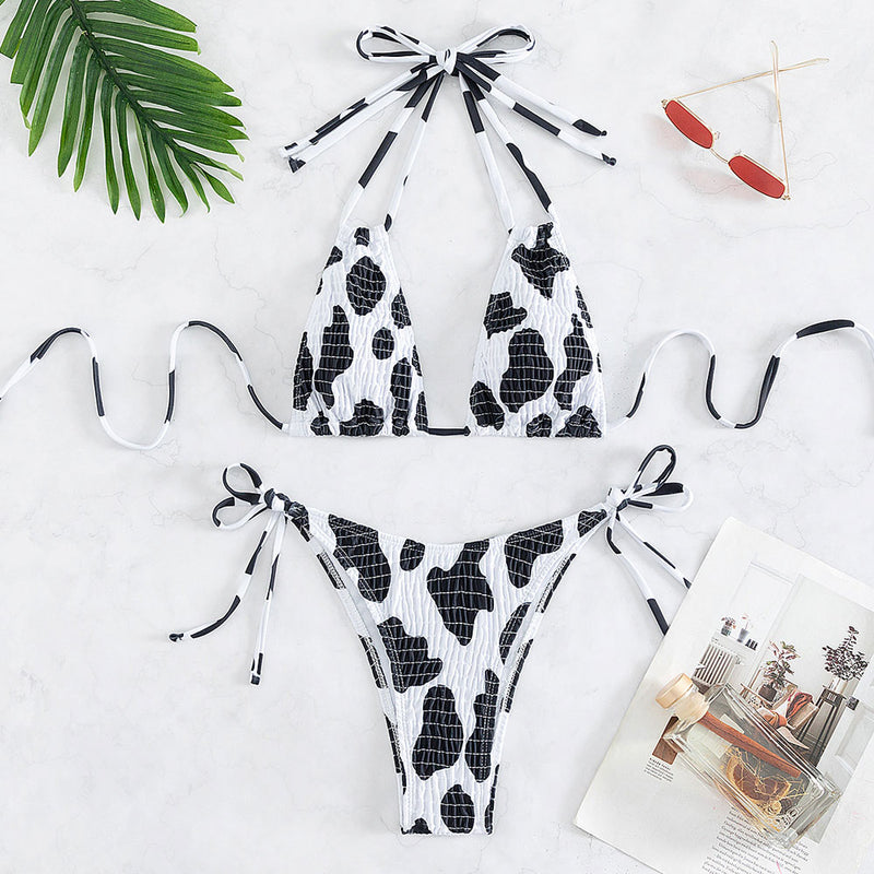 Sexy Cow Print Tie String Shirred Triangle Halter Brazilian Two Piece Bikini Swimsuit