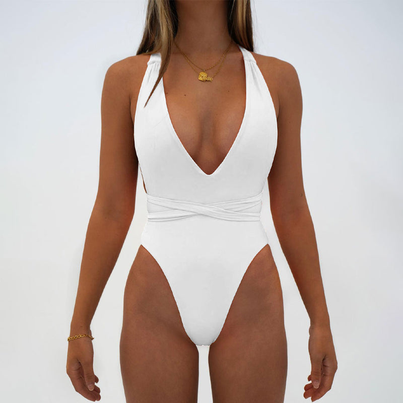 Sexy High Leg Thong Low Back Cross Wrap Plunge Brazilian One Piece Swimsuit