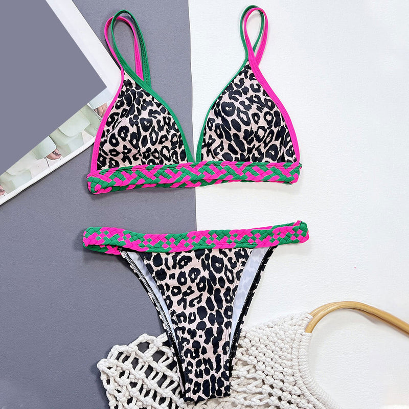 Sexy Leopard Bicolor Braided Cheeky Triangle Brazilian Two Piece Bikini Swimsuit