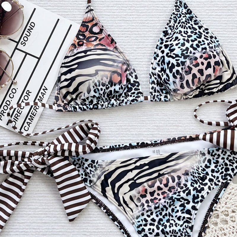 Sexy Leopard Print Bow Tie Cheeky Triangle Brazilian Two Piece Bikini Swimsuit