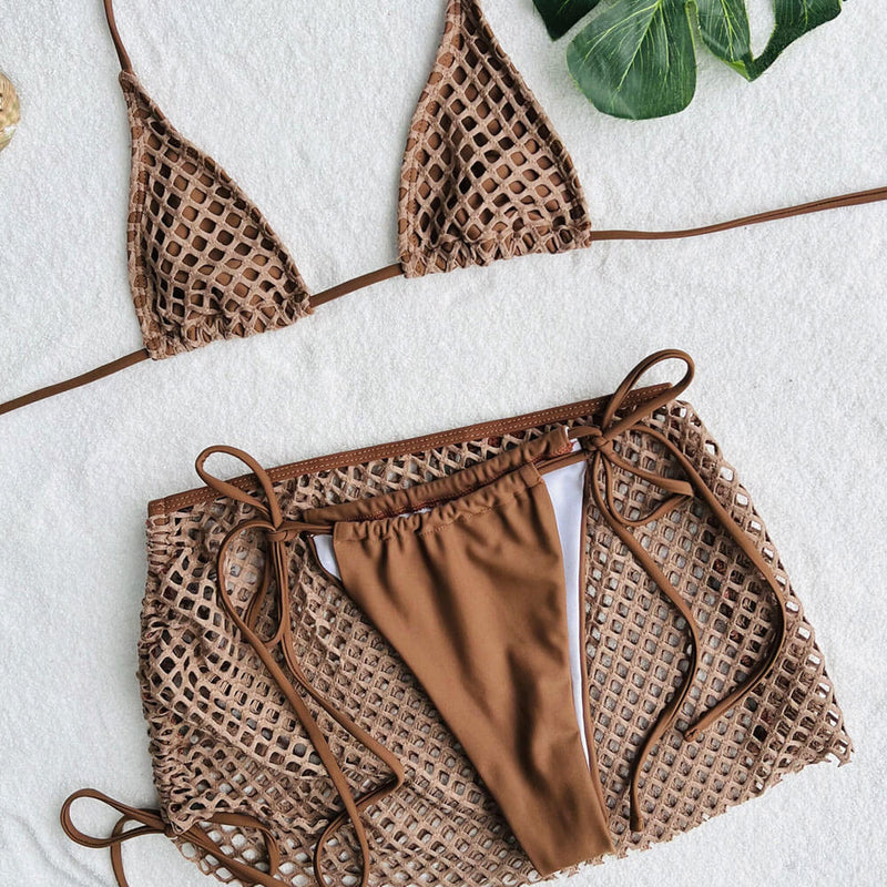 Sexy Netted Cover Up Tie String Micro Triangle Brazilian Three Piece Bikini Swimsuit