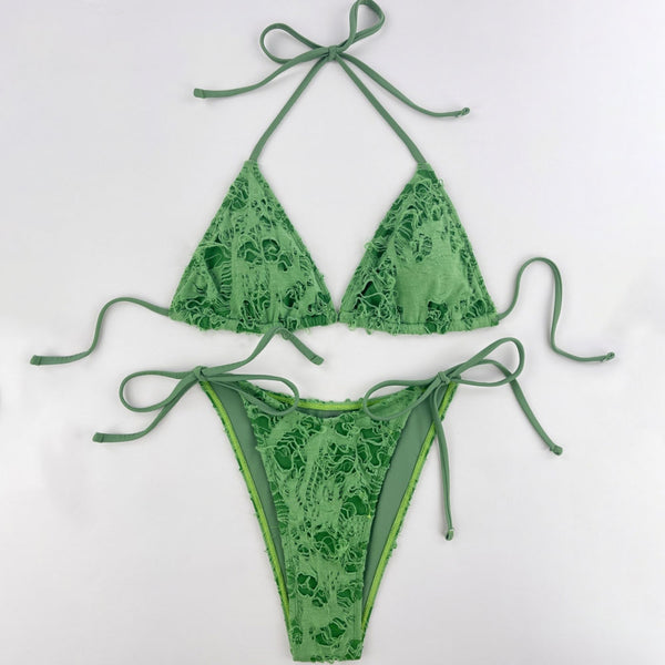 Sexy Ripped Tie String Cheeky Slide Triangle Brazilian Two Piece Bikini Swimsuit