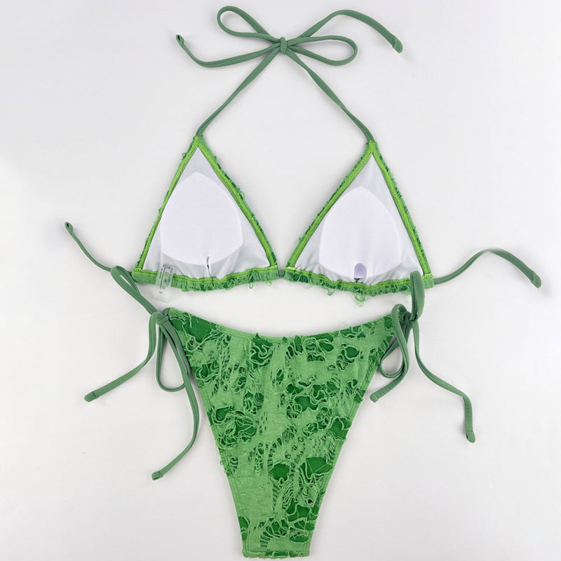 Sexy Ripped Tie String Cheeky Slide Triangle Brazilian Two Piece Bikini Swimsuit