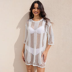 Sexy Round Neck Sleeved Open Knit Sheer Crochet Brazilian Cover Up Mini Dress