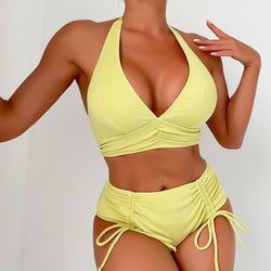 Sexy Ruched Tie High Waist Ribbed Halter Brazilian Two Piece Bikini Swimsuit