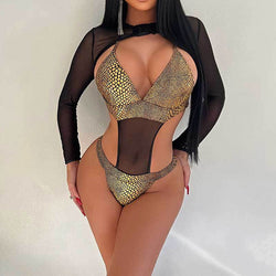 Sexy Sheer Mesh Cover Up Cutout Snake Monokini Brazilian One Piece Swimsuit