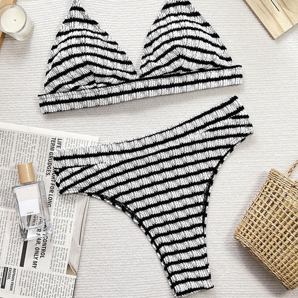 Sexy Shirred High Waist Cheeky Stripe Triangle Brazilian Two Piece Bikini Swimsuit