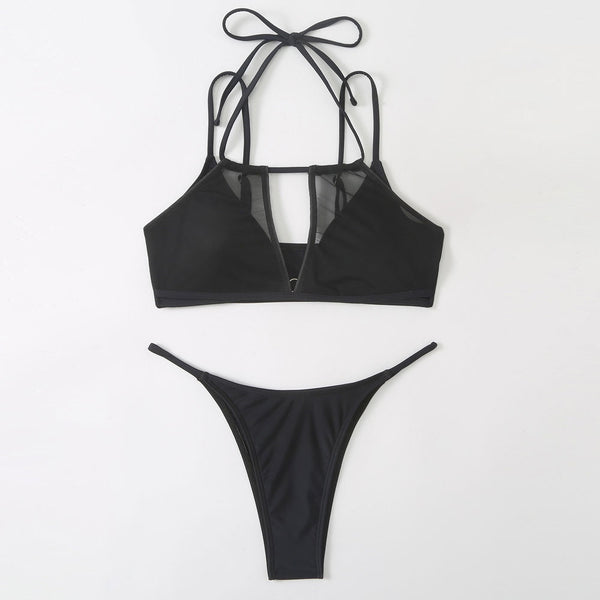 Sexy String Cheeky Cutout Mesh Layered Brazilian Two Piece Bikini Swimsuit