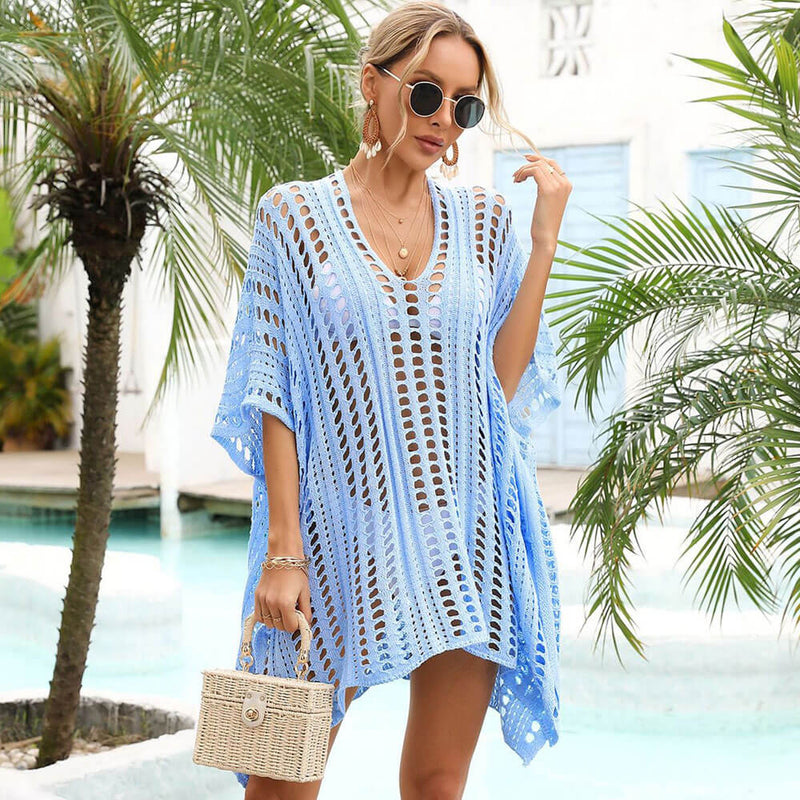 Sexy V Neck Split Open Knit Crochet Pullover Brazilian Beach Mini Cover Up Dress