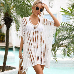 Sexy V Neck Split Open Knit Crochet Pullover Brazilian Beach Mini Cover Up Dress