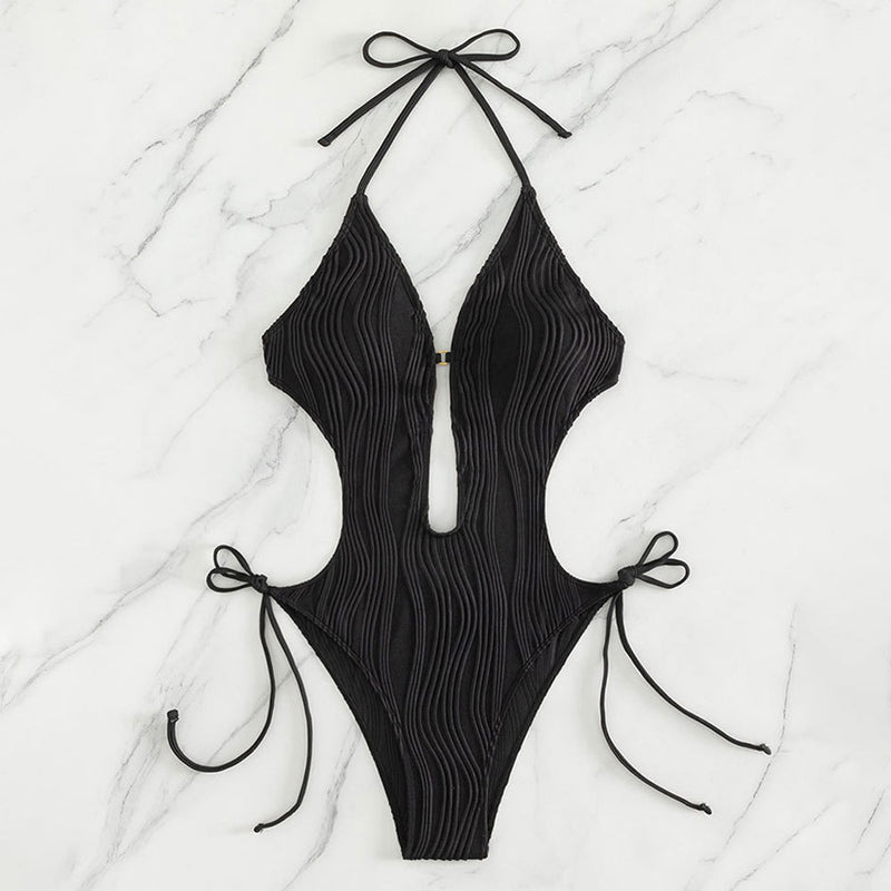 Sexy Wavy Low Back Tie String Halter Deep V Monokini Brazilian One Piece Swimsuit