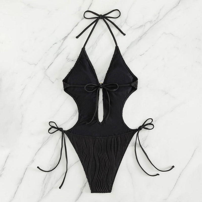 Sexy Wavy Low Back Tie String Halter Deep V Monokini Brazilian One Piece Swimsuit