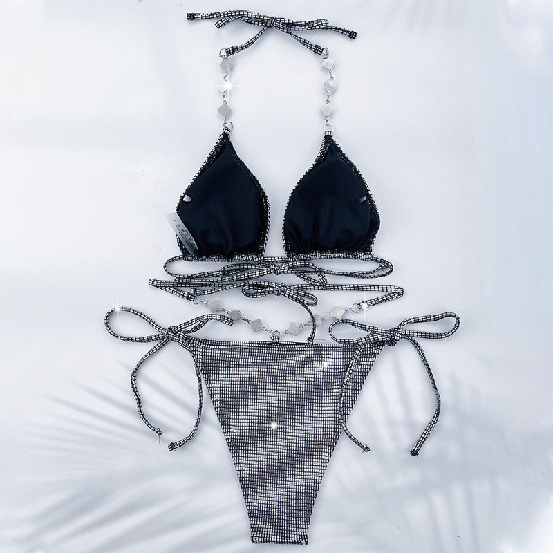 Sparkly Crystal Tie String Gingham Triangle Brazilian Two Piece Bikini Swimsuit