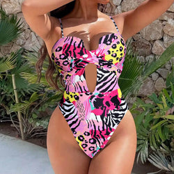 Stylish Leopard Print Cheeky Cutout Cross Push Up Brazilian One Piece Swimsuit