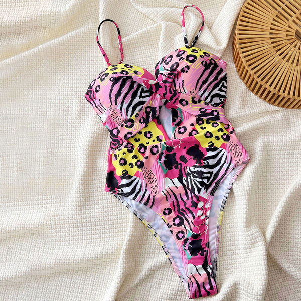 Stylish Leopard Print Cheeky Cutout Cross Push Up Brazilian One Piece Swimsuit