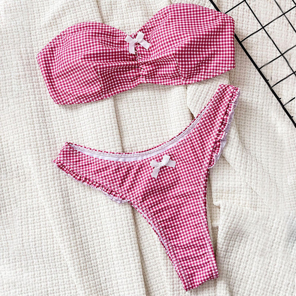 Sweet Bow Gingham High Cut Cheeky Bandeau Brazilian Two Piece Bikini Swimsuit