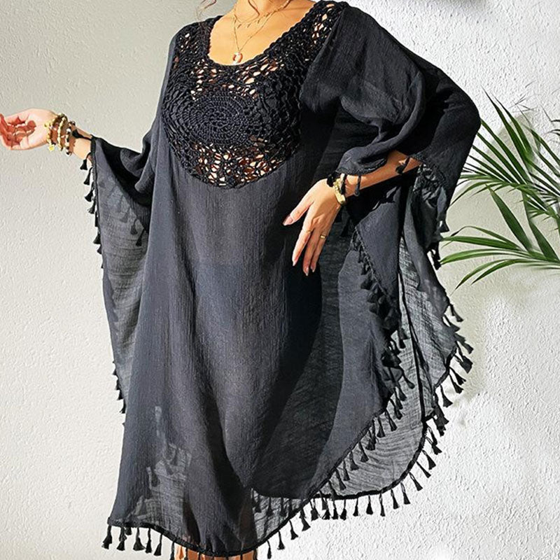 Swingy Fringe Trim Crochet Front Wide Sleeve Cotton Slub Brazilian Midi Cover Up