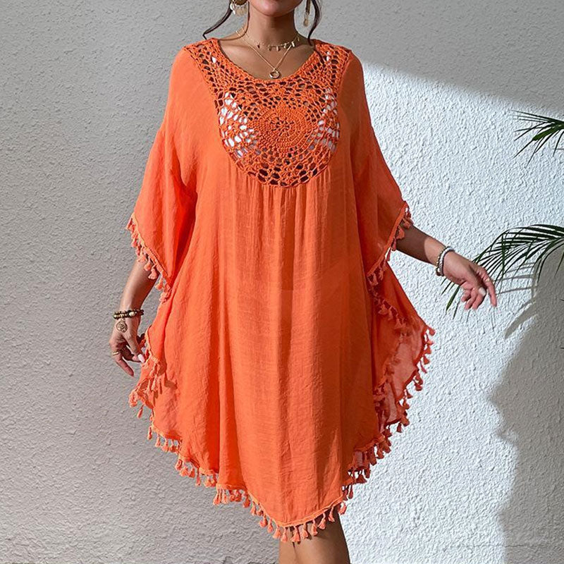 Swingy Fringe Trim Crochet Front Wide Sleeve Cotton Slub Brazilian Midi Cover Up