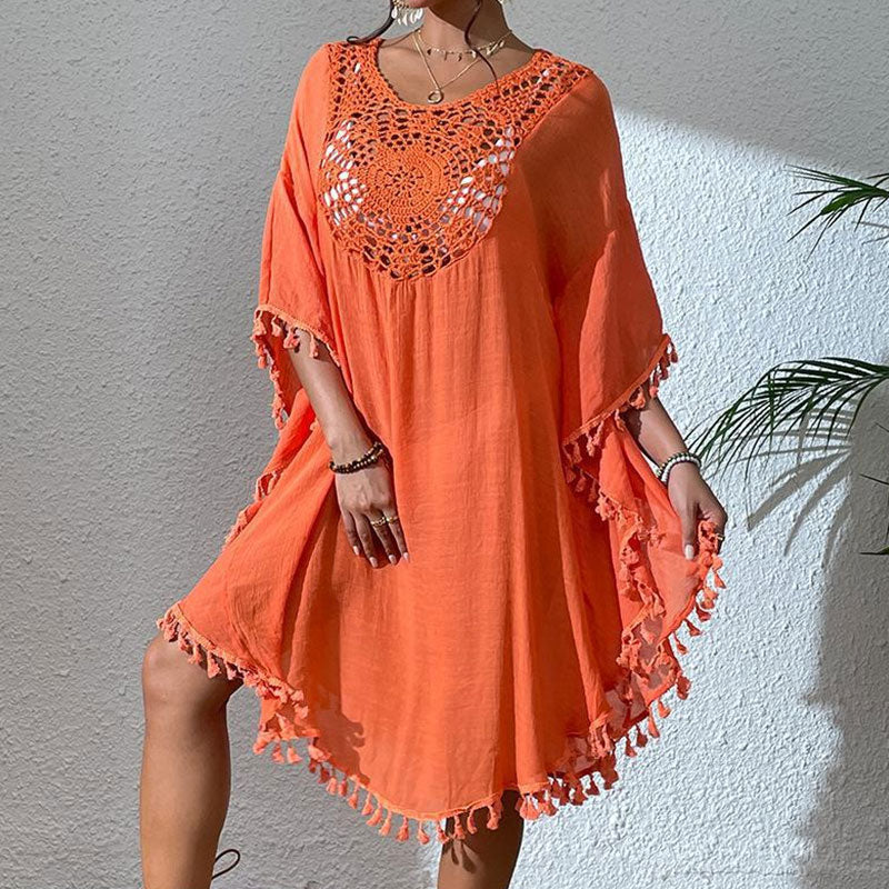 Swingy Fringe Trim Crochet Front Wide Sleeve Cotton Slub Brazilian Midi Cover Up