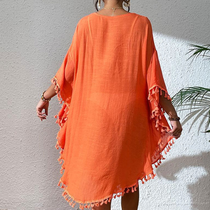 Swingy Fringe Trim Crochet Front Wide Sleeve Cotton Slub Brazilian Midi Cover Up